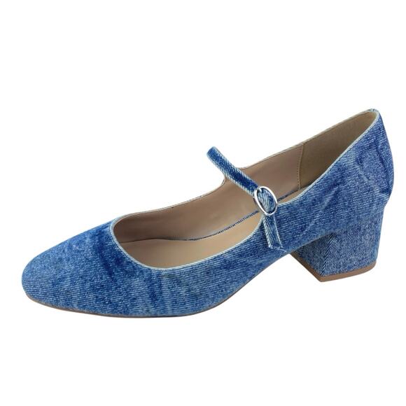 Steve Madden Hawke Blue Denim Block Heel Almond Toe Mary Jane Pumps Shoes Sz 10M - Picture 1 of 5